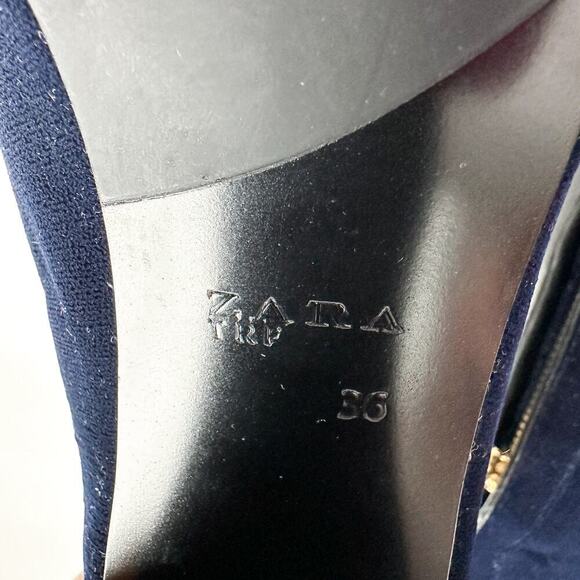 Zara Navy Blue Velvet Block Heel Lace Up Ankle Booties Zip Size 36 - Picture 13 of 16